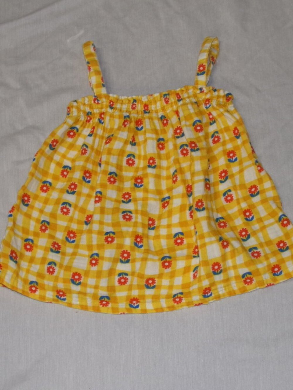 Hanna Andersson Sunny Yellow Floral Plaid Gauze Cotton Tank Top Girls 120cm 6-7